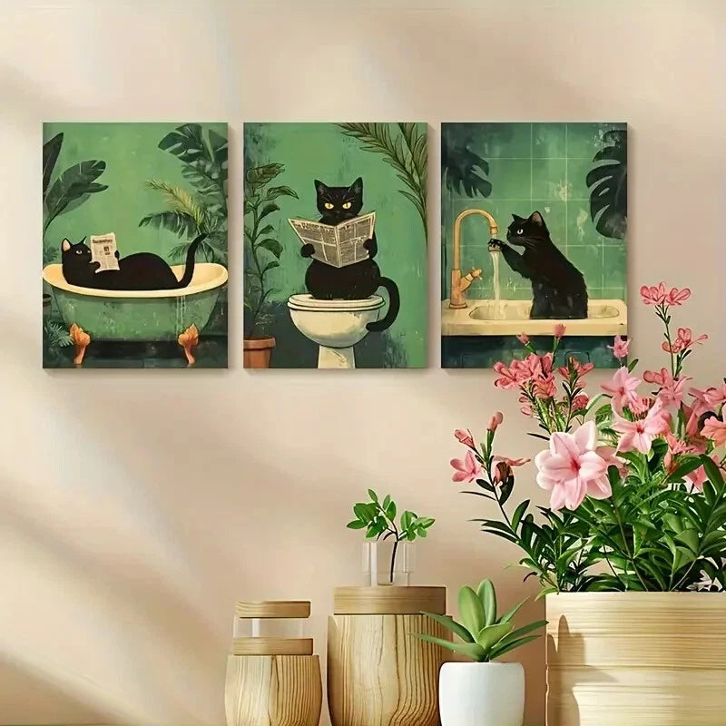 3pcs Vintage-Inspired Whimsical Black Cat Metal Print Ready to Hang Art