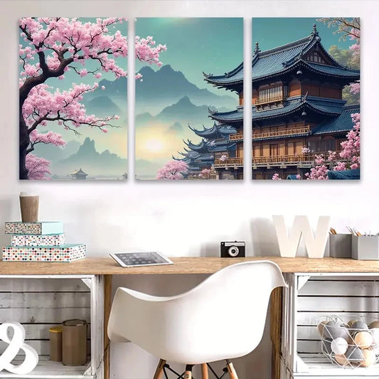 3pcs Traditional Chinese Architecture Landscape Metal Print Ready to Hang Art