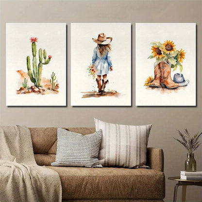 3pcs Cowboy Girl Cactus Boots & Sunflower Metal Print Ready to Hang Art