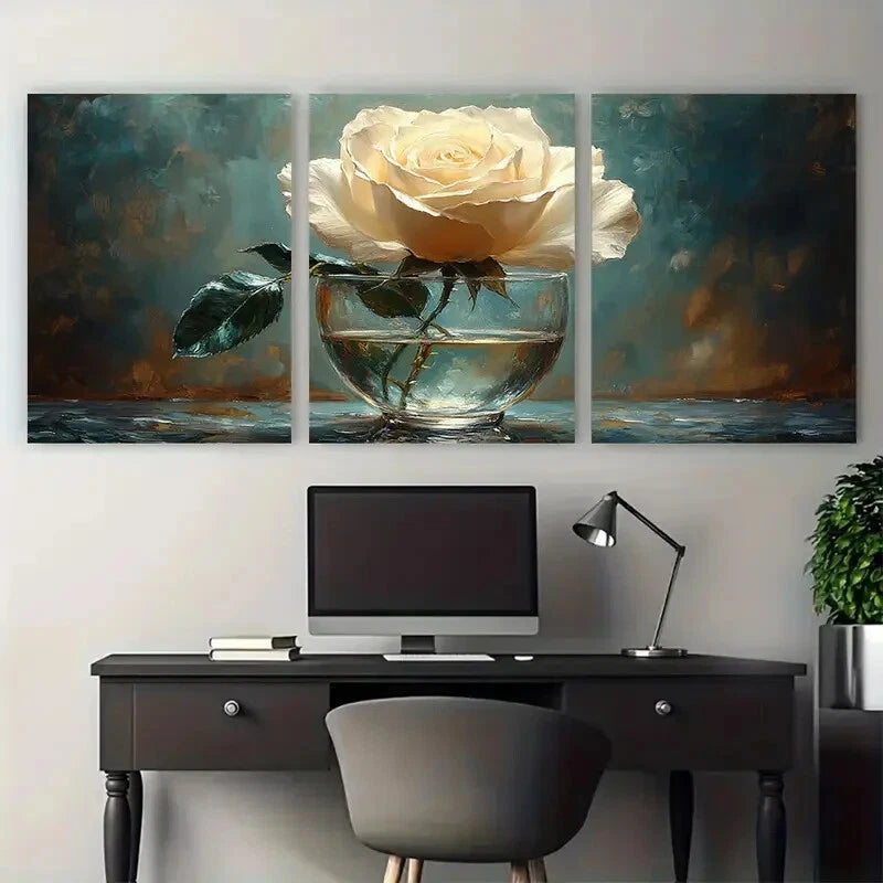 3pcs Still Life of White Rose in a Glass Metal Print Ready to Hang Art