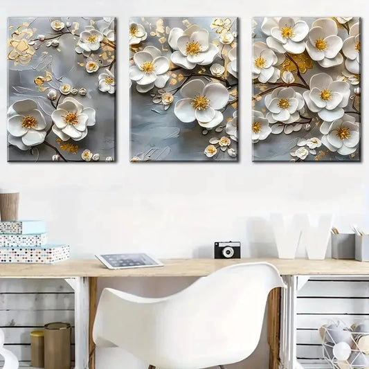 3pcs White Petals Modern Leaves Metal Print Ready to Hang Art