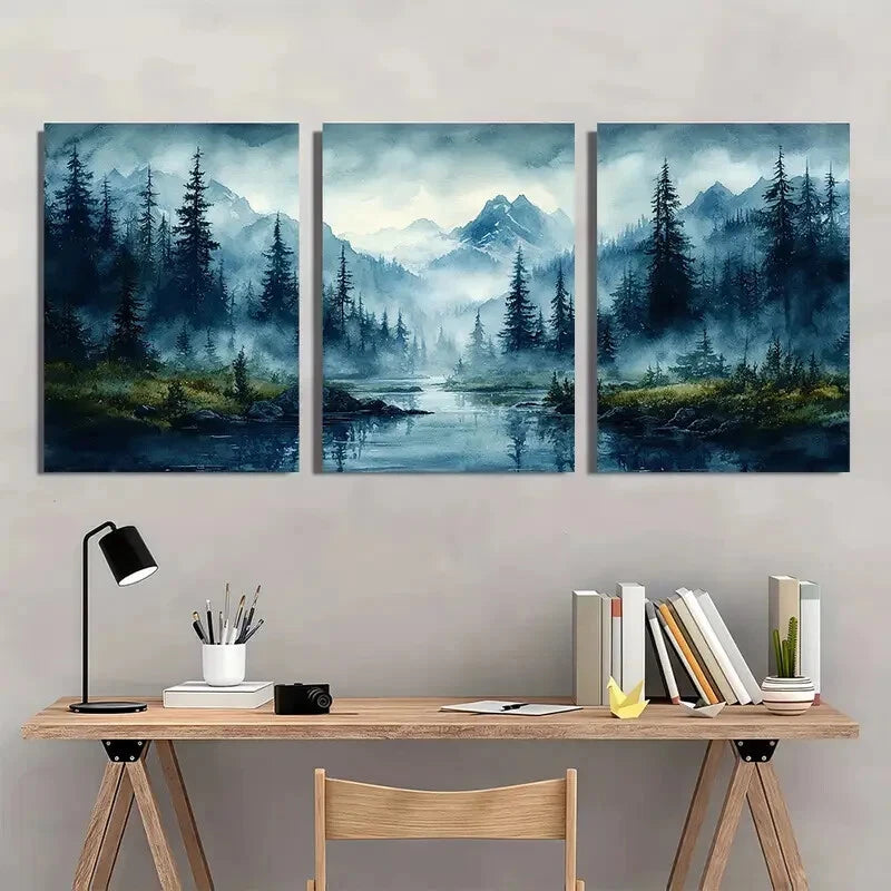 3pcs Abstract Ocean Wave Blue & Green Minimalist Metal Print Ready to Hang Art