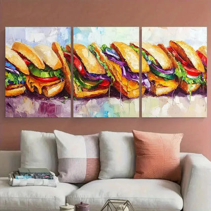 3pcs Sandwich Whimsical Lunch  Colorful Food Metal Print Ready to Hang Art