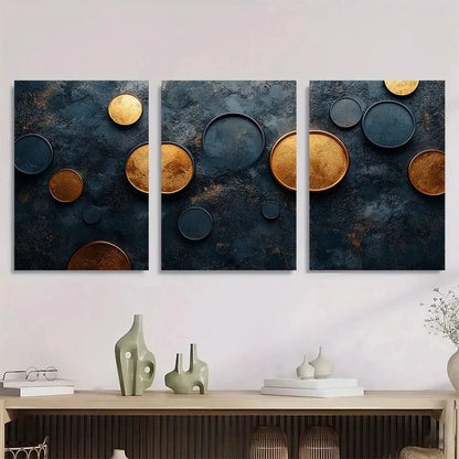3pcs Abstract Metallic Circle Golden & Black Metal Print Ready to Hang Art