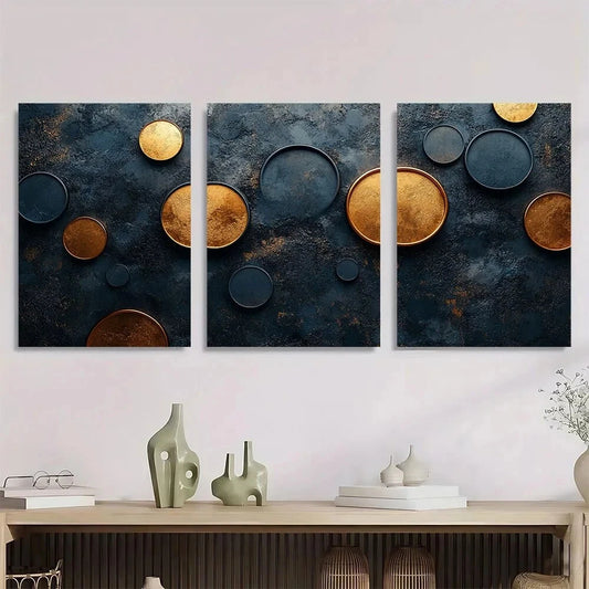3pcs Abstract Metallic Circle Golden & Black Metal Print Ready to Hang Art
