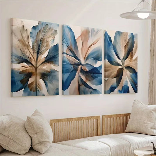 3pcs Abstract Blue Botanical Flower Boho Wall Art Set Canvas Framed 60x90cm - High Quality Print 100% Australian Made Wall Canvas Ready to Hang