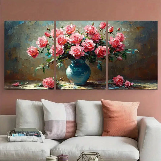 3pcs Bouquet of Pink Roses Flowers in a Vase Metal Print Ready to Hang Art