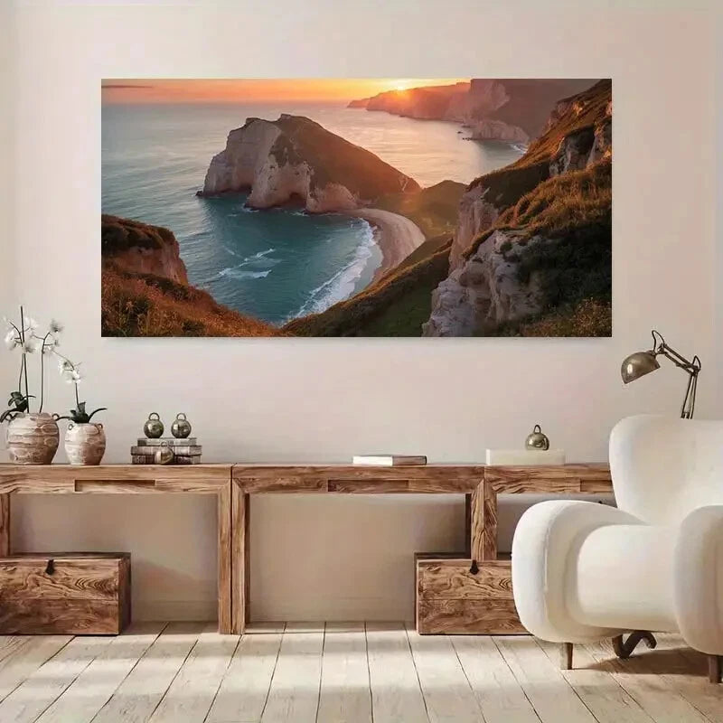 Sunset Vibrant Cliffs Sea wall canvas office home room framed 120x60cm - Bella Home Decor