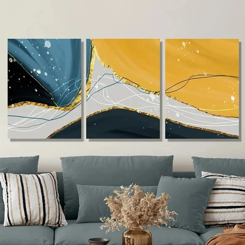 3pcs Abstract Geometry Golden Metal Print Ready to Hang Art