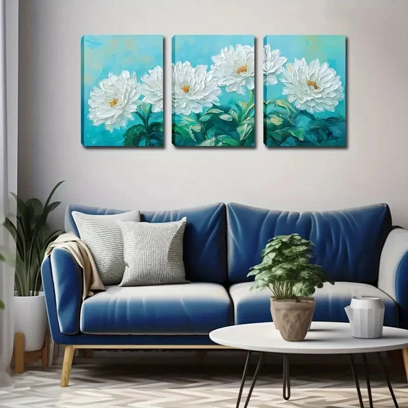 3pcs White Flowers Blooming Blue-Green Perfect Wall Art Set Canvas Framed 40x60cm - High Quality Print 100% Australian Made Wall Canvas Ready to Hang