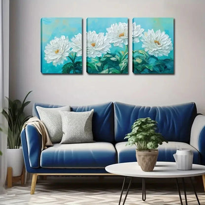 3pcs White Flowers Blooming Blue-Green Perfect Wall Art Set Canvas Framed 40x60cm - High Quality Print 100% Australian Made Wall Canvas Ready to Hang