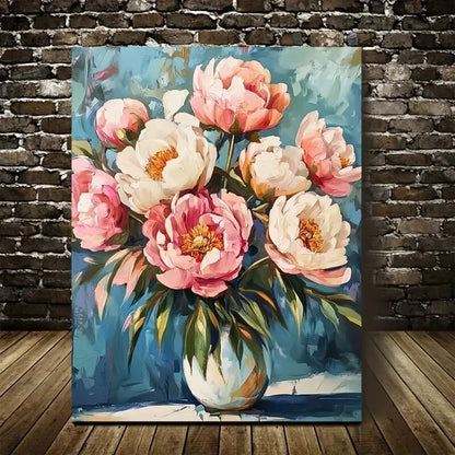 Vibrant Pink & White Peonies with Green Stems Painting  40x60cm Metal Print Ready to Hang
