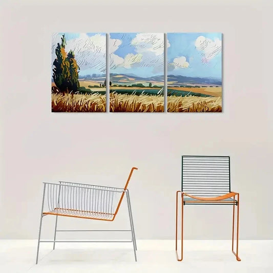3pcs Abstract Wheat Field and Blue Sky Metal Print Ready to Hang Art