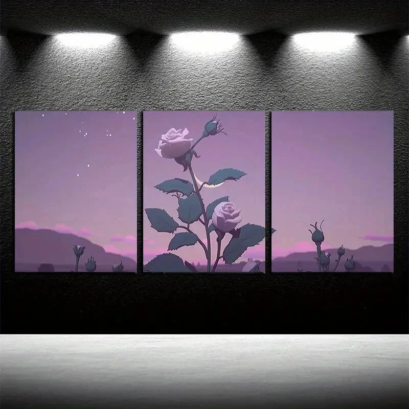 3pcs Vibrant Charming Roses with Moon View Metal Print Ready to Hang Art
