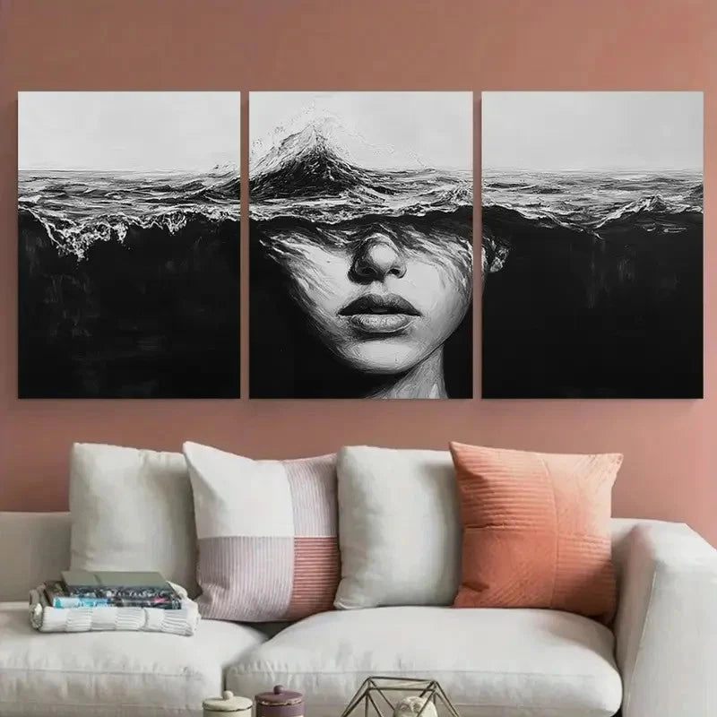 3pcs Abstract Lady Face Black And White Ocean Wall Art Set Canvas Framed 40x60cm - High Quality Print 100% Australian Made Wall Canvas Ready to Hang