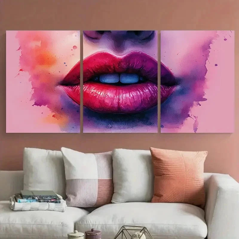 3pcs Watercolor Pink Red Purple Lips Design Metal Print Ready to Hang Art