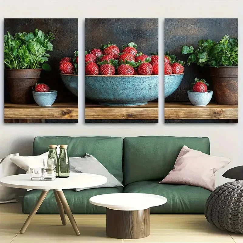 3pcs Fresh Strawberries Fruit Of The Spirit Metal Print Ready to Hang Art