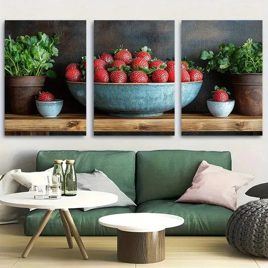 3pcs Fresh Strawberries Fruit Of The Spirit Metal Print Ready to Hang Art