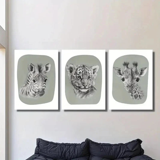 3pcs Art Deco Cartoon Animal Metal Print Ready to Hang Art