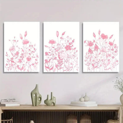 3pcs Pink wildflowers watercolor painting Metal Print Ready to Hang Art