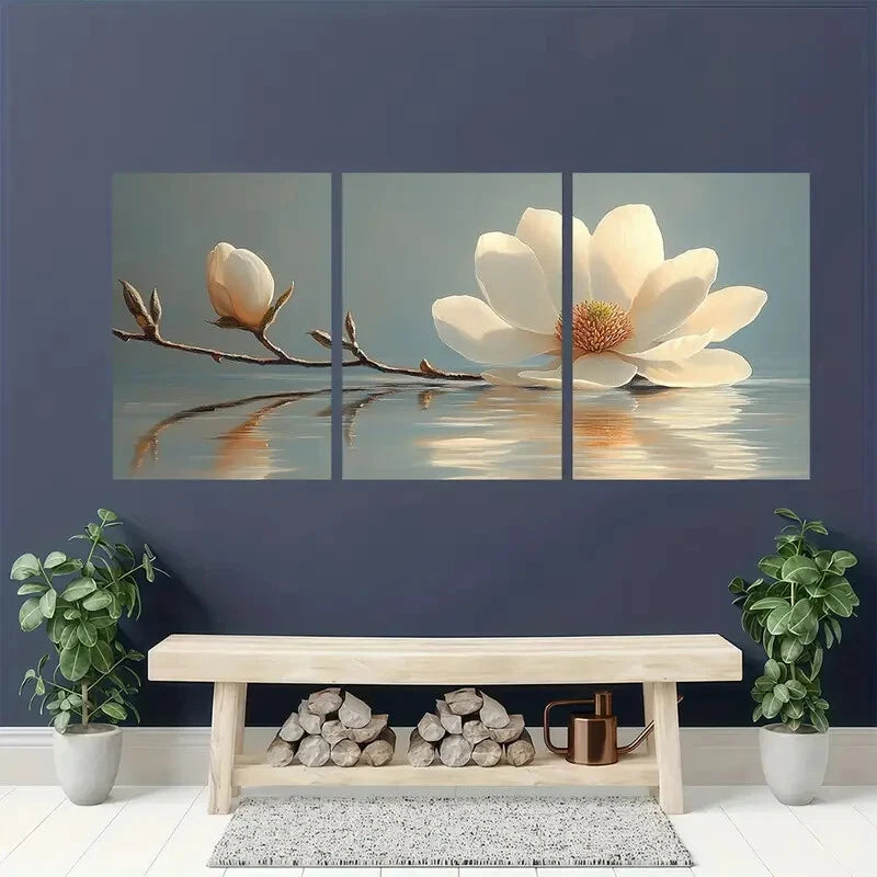 3pcs White Magnolia Flower Art Painting Metal Print Ready to Hang Art