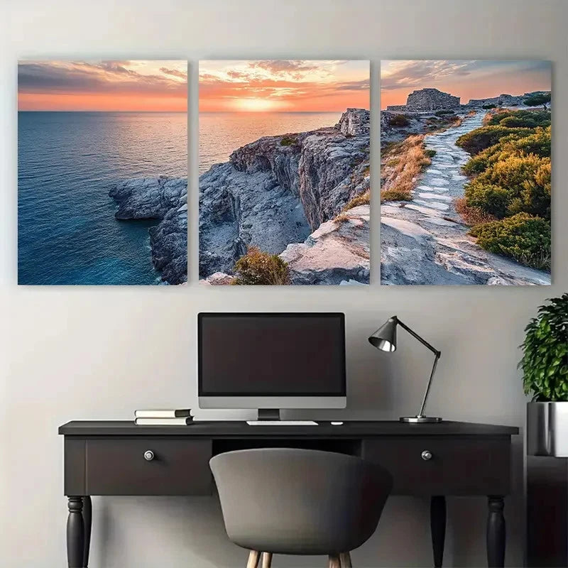 3pcs Naxos Portara Greece Travel Illustration Wall Art Set Canvas Framed 40x60cm - High Quality Print 100% Australian Made Wall Canvas Ready to Hang