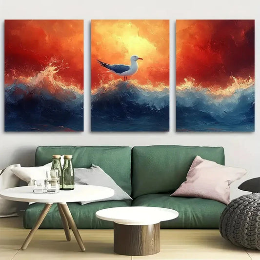 3pcs Calming Seagull and Rainbow Seascape Metal Print Ready to Hang Art