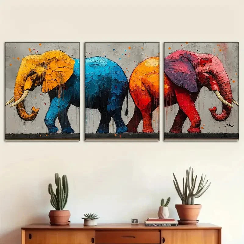 3pcs Colorful Elephant Triptych Wall Art Metal Print Ready to Hang Art