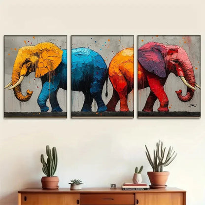 3pcs Colorful Elephant Triptych Wall Art Metal Print Ready to Hang Art