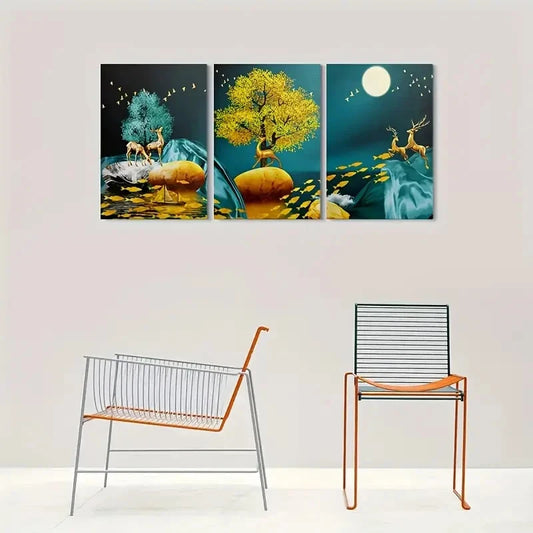 3pcs Modern Abstract Golden Deer and Tree Metal Print Ready to Hang Art