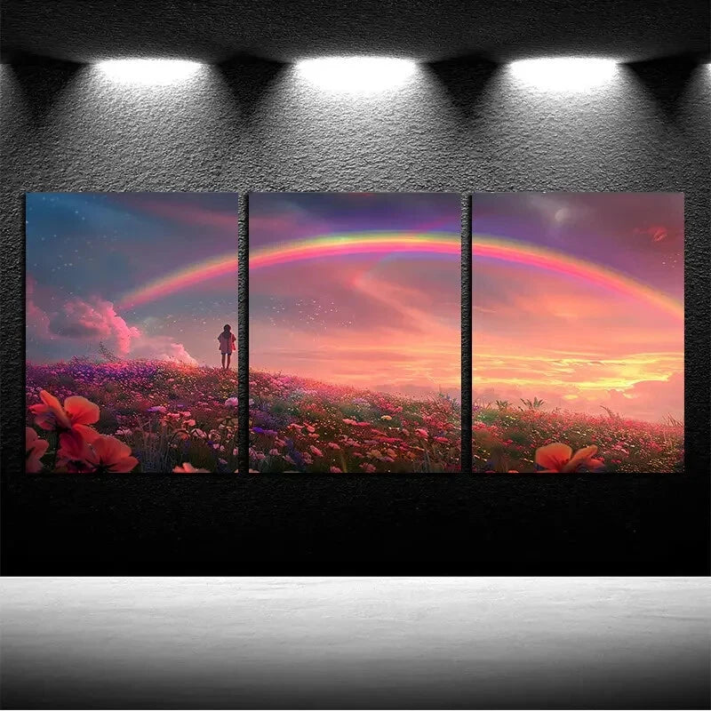 3pcs Vibrant Charming Rainbow & Girl Design Metal Print Ready to Hang Art