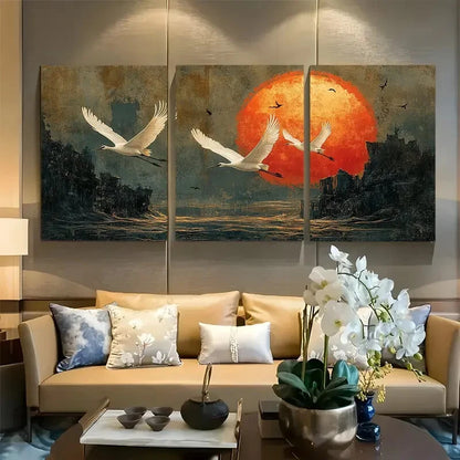 3pcs Graceful White Cranes in Flight Against Sun Metal Print Ready to Hang Art