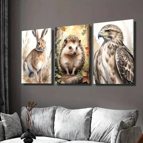 3pcs Aesthetic Watercolor Rabbit Hedgehog Eagle  Wall Art Set Canvas Unframed - High Quality Print 100% Australian Made Wall Canvas