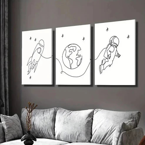 3pcs Earth Rocket Astronaut Line Drawings Wall Art Set Canvas Unframed - High Quality Print 100% Australian Made Wall Canvas