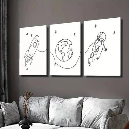 3pcs Earth Rocket Astronaut Line Drawings Wall Art Set Canvas Unframed - High Quality Print 100% Australian Made Wall Canvas