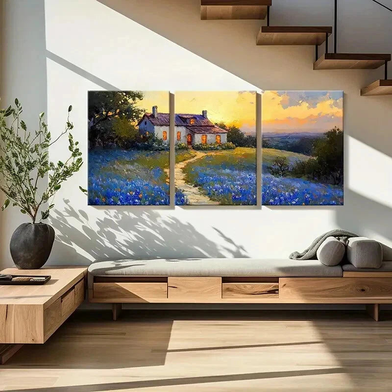 3pcs Sunset Glow Bluebonnet Field Pathway & Trees Metal Print Ready to Hang Art