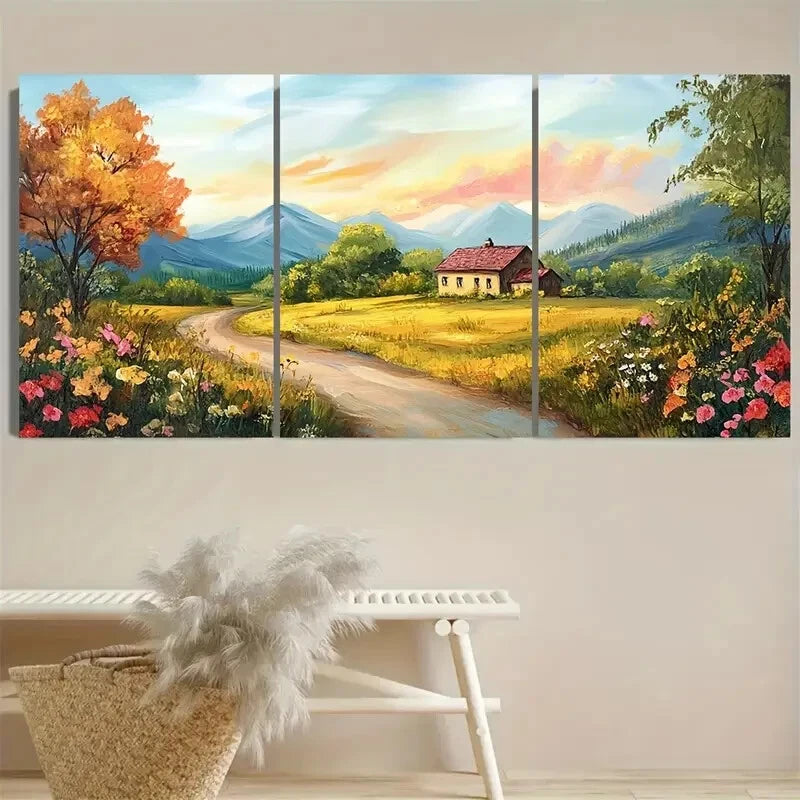 3pcs Vibrant Countryside Cottage and Nature Metal Print Ready to Hang Art