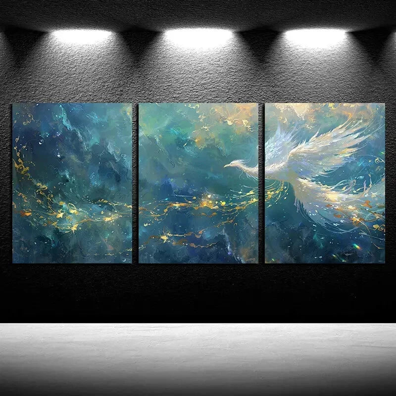 3pcs Phoenix with Golden Accent Design Metal Print Ready to Hang Art