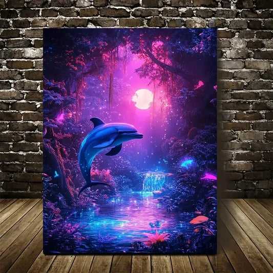Cyberpunk Dolphin Jungle Scene with Neon Glow Painting 40x60cm Metal Print Ready to Hang