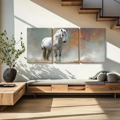 3pcs White Horse Art Abstract Painting Metal Print Ready to Hang Art