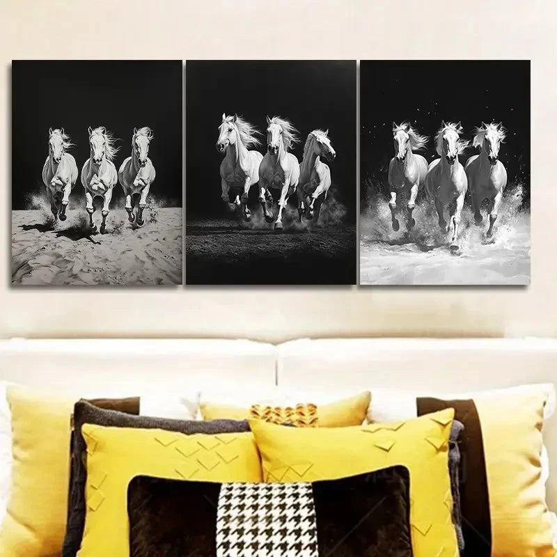 3pcs Three White Horses Are Running Painting Metal Print Ready to Hang Art