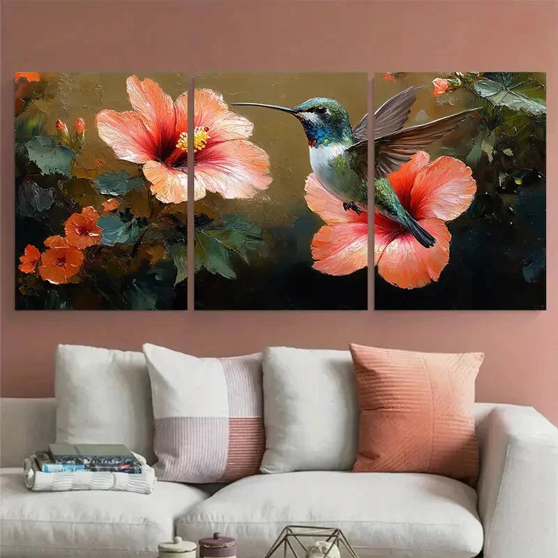 3pcs Hibiscus Floral with Hummingbird Design Metal Print Ready to Hang Art
