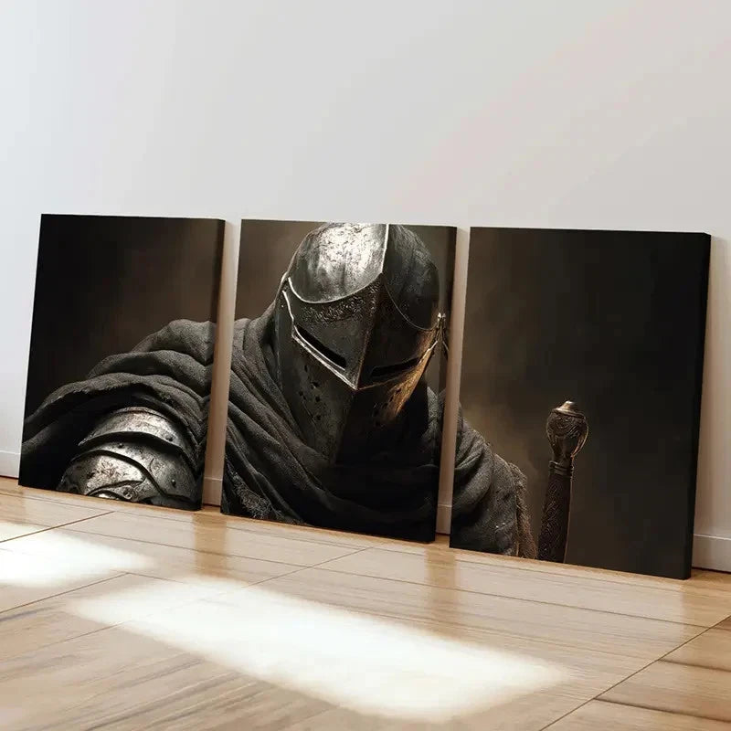 3pcs Medieval Knight Armor Dark Cloak Wall Art Set Canvas Framed 50x70cm - High Quality Print 100% Australian Made Wall Canvas Ready to Hang