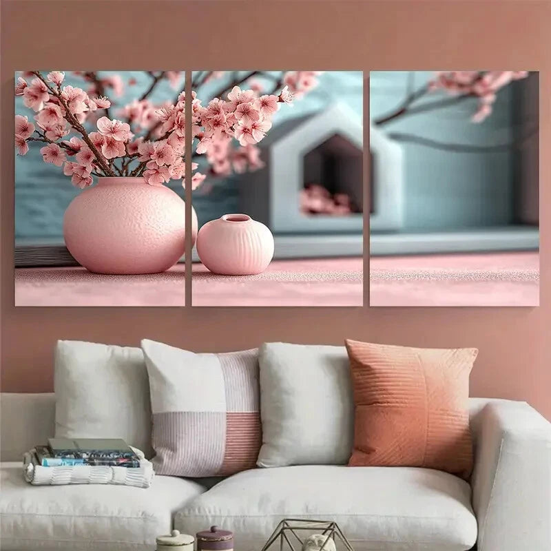 3pcs Vibrant Pink Florals in Vase Illustration Metal Print Ready to Hang Art