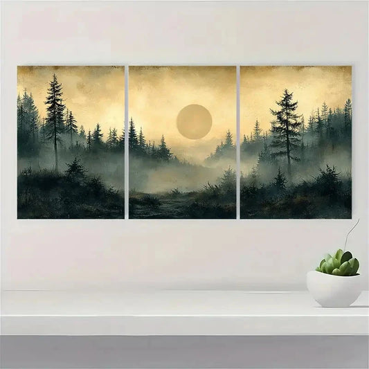 3pcs Vintage Nature Sketch with Pine Trees Metal Print Ready to Hang Art
