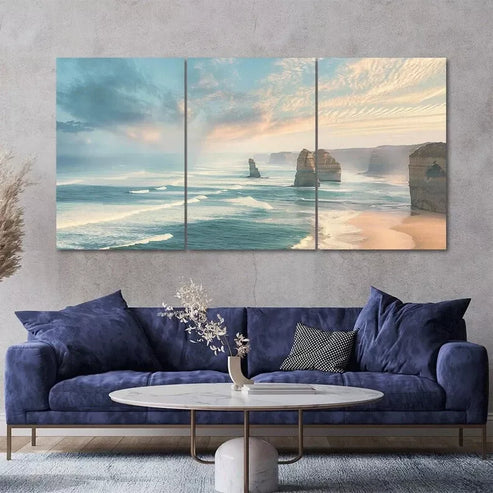 Peaceful Ocean Coastal Landscape 3 Piece Canvas Framed 60x90cm - High Quality Print 100% Australian Made Wall Canvas Ready to Hang