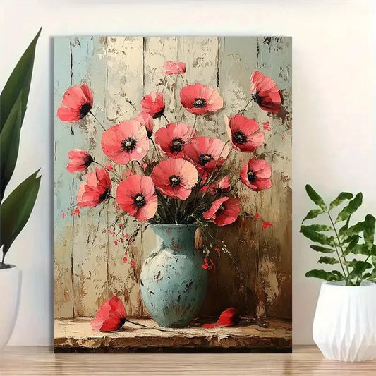 Beautiful Poppy Painting with Rustic Flower 40x60cm Metal Print Ready to Hang