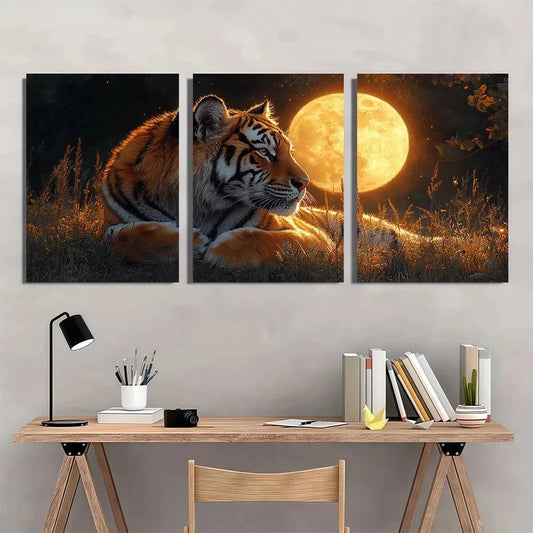 3pcs Majestic Tiger Under Full Moon Metal Print Ready to Hang Art