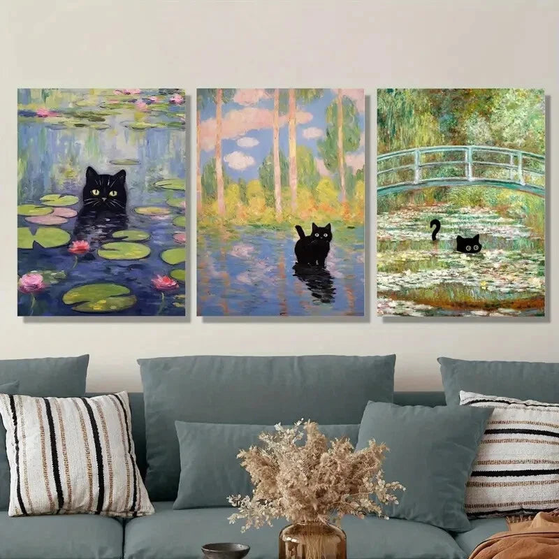 3pcs Featuring a Black Cat Inspired by Monet Metal Print Ready to Hang Art