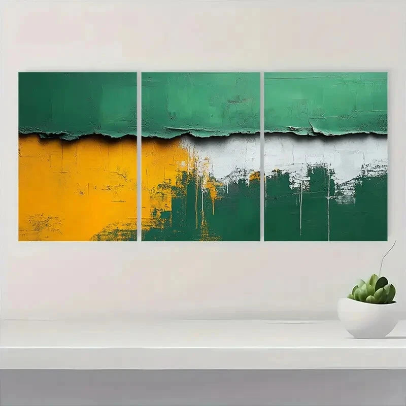 3pcs Green & White Abstract Minimalist Textured Metal Print Ready to Hang Art